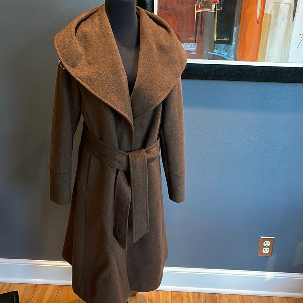 Cole Haan wool blend lined pleated shawl collar belted hidden snap front coat 8